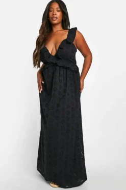 Skater Dresses*boohoo Plus Broderie Ruffle Plunge Maxi Dress black