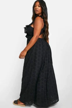 Skater Dresses*boohoo Plus Broderie Ruffle Plunge Maxi Dress black