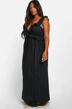 Skater Dresses*boohoo Plus Broderie Ruffle Plunge Maxi Dress black