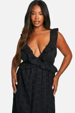 Skater Dresses*boohoo Plus Broderie Ruffle Plunge Maxi Dress black