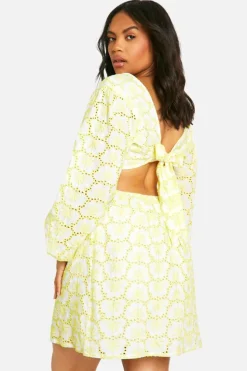 Skater Dresses|Mini Dresses*boohoo Plus Broderie Tie Back Balloon Sleeve Mini Dress lemon