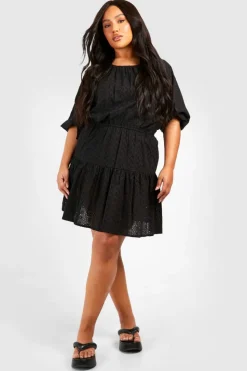 Smock Dresses*boohoo Plus Broderie Tiered Smock Dress black