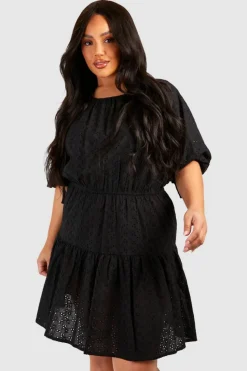 Smock Dresses*boohoo Plus Broderie Tiered Smock Dress black