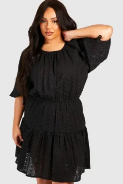 Smock Dresses*boohoo Plus Broderie Tiered Smock Dress black