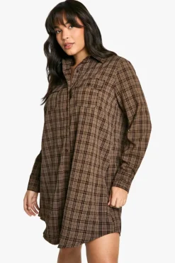 Shirt Dresses*boohoo Plus Brushed Check Shirt Dress chocolate