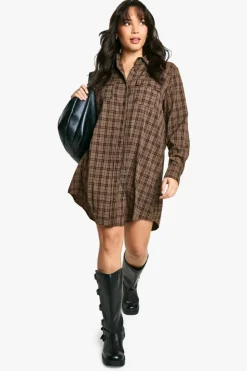 Shirt Dresses*boohoo Plus Brushed Check Shirt Dress chocolate