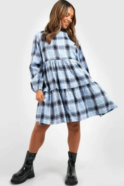 Smock Dresses*boohoo Plus Brushed Check Smock Dress blue