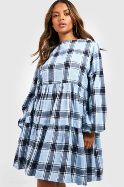 Smock Dresses*boohoo Plus Brushed Check Smock Dress blue