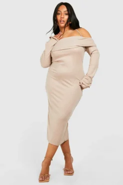 T-Shirt Dresses*boohoo Plus Brushed Rib Bardot Midaxi Dress stone