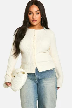 Cardigans|Knitwear*boohoo Plus Brushed Rib Button Through Cardigan ecru