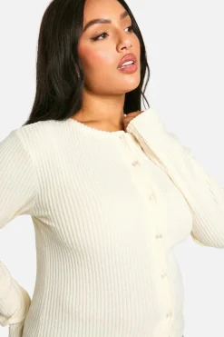 Cardigans|Knitwear*boohoo Plus Brushed Rib Button Through Cardigan ecru