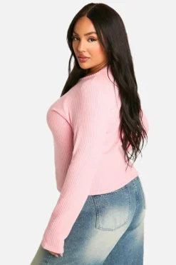 Cardigans|Knitwear*boohoo Plus Brushed Rib Button Through Cardigan baby pink