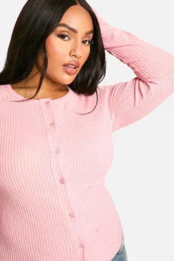 Cardigans|Knitwear*boohoo Plus Brushed Rib Button Through Cardigan baby pink