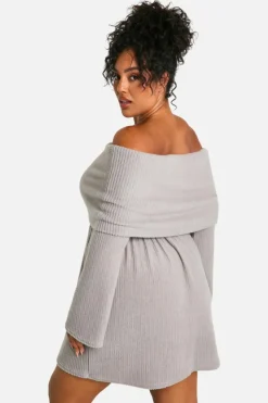 Skater Dresses*boohoo Plus Brushed Rib Off Shoulder Skater Dress grey