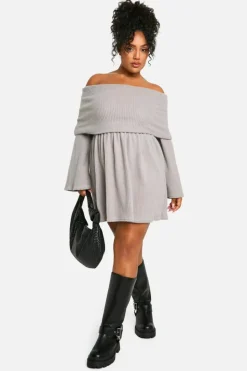 Skater Dresses*boohoo Plus Brushed Rib Off Shoulder Skater Dress grey