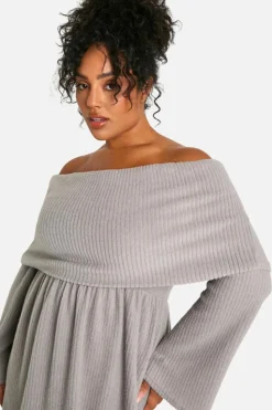 Skater Dresses*boohoo Plus Brushed Rib Off Shoulder Skater Dress grey