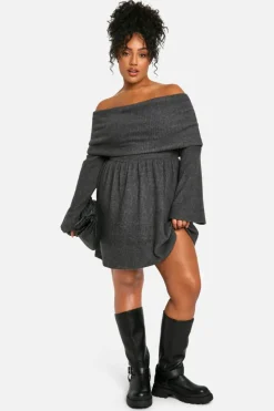 Skater Dresses*boohoo Plus Brushed Rib Off Shoulder Skater Dress charcoal