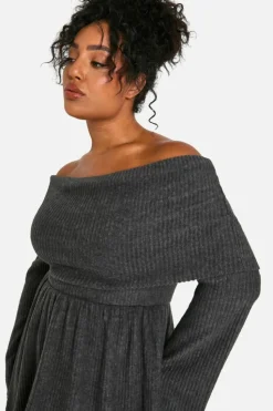 Skater Dresses*boohoo Plus Brushed Rib Off Shoulder Skater Dress charcoal