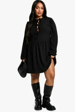 Smock Dresses*boohoo Plus Brushed Rib Tie Front Smock Dress black