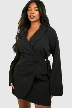 Blazer Dresses|Long Sleeve Dresses*boohoo Plus Buckle Detail Tie Waist Tailored Blazer Dress black