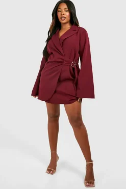 Blazer Dresses*boohoo Plus Buckle Detail Tie Waist Tailored Blazer Dress merlot