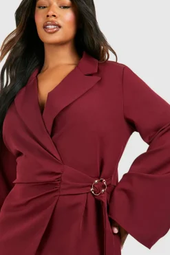 Blazer Dresses*boohoo Plus Buckle Detail Tie Waist Tailored Blazer Dress merlot