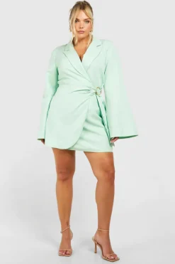 Blazer Dresses*boohoo Plus Buckle Detail Tie Waist Tailored Blazer Dress sage