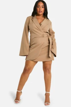Blazer Dresses|Suits & Tailoring*boohoo Plus Buckle Detail Tie Waist Tailored Blazer Dress taupe