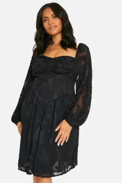 Skater Dresses*boohoo Plus Burnout Corset Detail Long Sleeve Skater Dress black