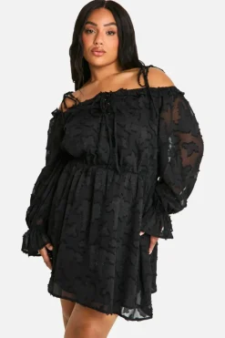 Skater Dresses*boohoo Plus Burnout Floral Lace Up Front Mini Dress black