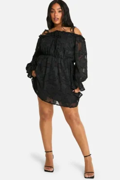 Skater Dresses*boohoo Plus Burnout Floral Lace Up Front Mini Dress black