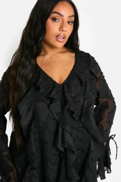 Mini Dresses|Long Sleeve Dresses*boohoo Plus Burnout Floral Ruffle Shift Dress black