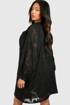 Smock Dresses*boohoo Plus Burnout Mesh High Neck Long Sleeve Mini Dress black
