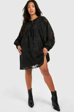 Smock Dresses*boohoo Plus Burnout Mesh High Neck Long Sleeve Mini Dress black