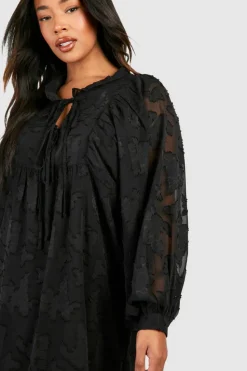 Smock Dresses*boohoo Plus Burnout Mesh High Neck Long Sleeve Mini Dress black