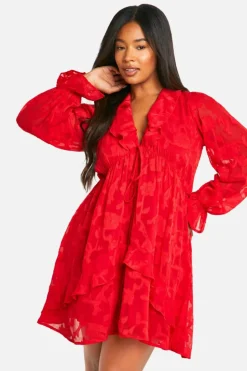 Mini Dresses|Long Sleeve Dresses*boohoo Plus Burnout Ruffle Smock Dress red