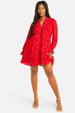 Mini Dresses|Long Sleeve Dresses*boohoo Plus Burnout Ruffle Smock Dress red
