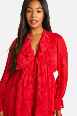 Mini Dresses|Long Sleeve Dresses*boohoo Plus Burnout Ruffle Smock Dress red