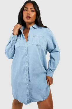 Shirt Dresses|Denim*boohoo Plus Button Down Denim Shirt Dress light blue