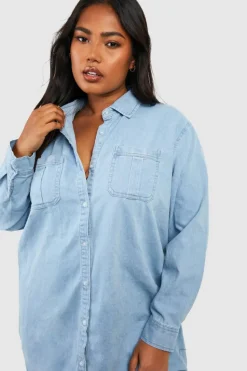 Shirt Dresses|Denim*boohoo Plus Button Down Denim Shirt Dress light blue