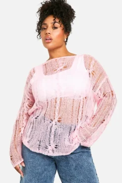 Oversized Jumpers|Jumpers*boohoo Plus Cable Detail Sheer Oversized Jumper pink