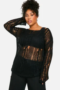 Oversized Jumpers*boohoo Plus Cable Detail Sheer Oversized Jumper black