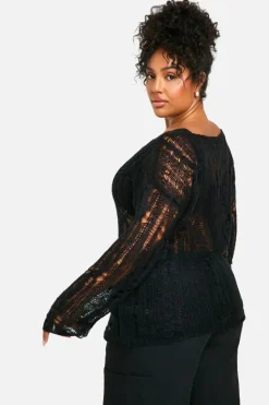 Oversized Jumpers*boohoo Plus Cable Detail Sheer Oversized Jumper black