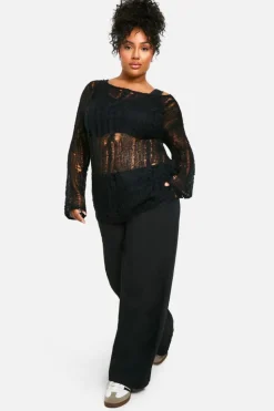 Oversized Jumpers*boohoo Plus Cable Detail Sheer Oversized Jumper black