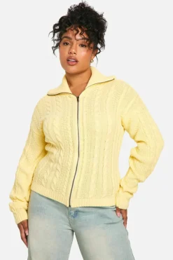 Cardigans*boohoo Plus Cable Zip Through Jumper lemon