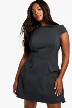 Skater Dresses*boohoo Plus Cap Sleeve Bengaline Skater Dress charcoal