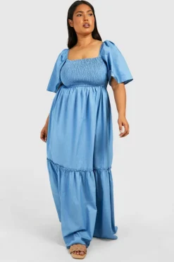 Smock Dresses*boohoo Plus Chambray Puff Sleeve Midaxi Smock Dress blue