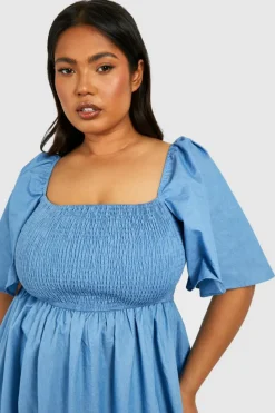 Smock Dresses*boohoo Plus Chambray Puff Sleeve Midaxi Smock Dress blue