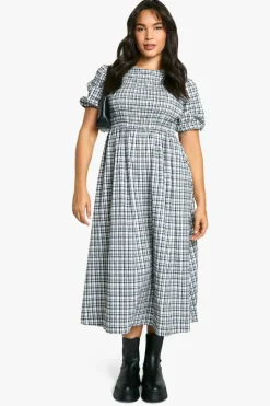 Skater Dresses*boohoo Plus Check Shirred Midaxi Dress black