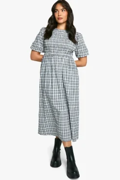 Skater Dresses*boohoo Plus Check Shirred Midaxi Dress black
